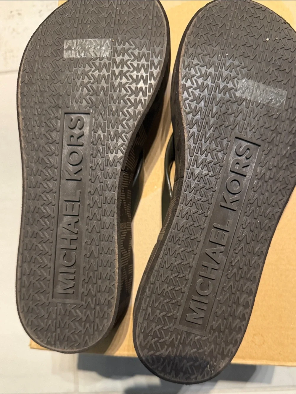 Michael Kors Brown MK Logo Platform Thong Sandal with Gold Accent